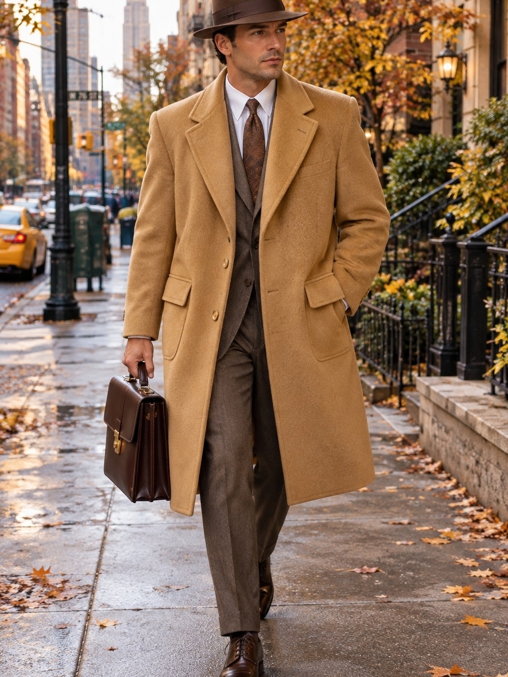 Men's Camel Wool Pea Coat - Old Money Luxury Classic Single-Breasted Overcoat